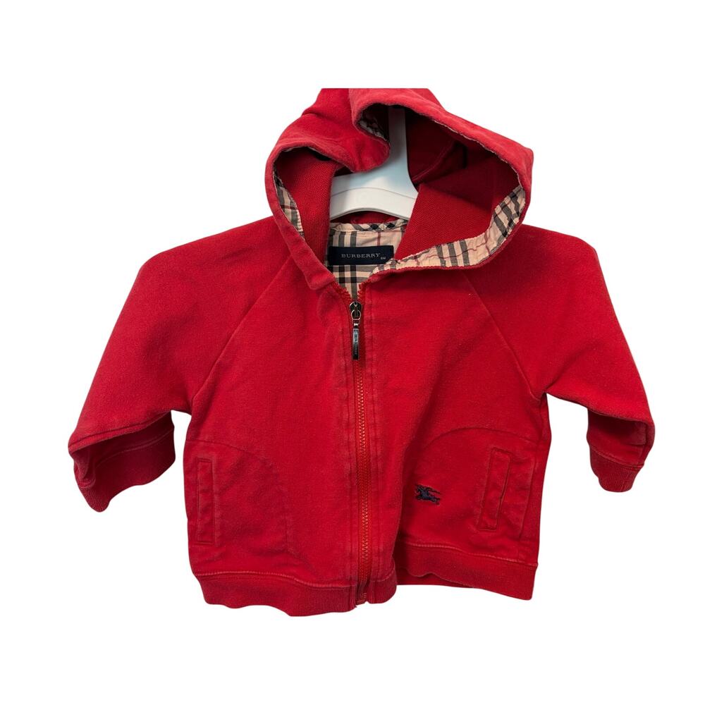 BURBERRY Red zip up hoodie, baby size 6 months, Vintage Check print.